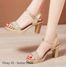 Women's Ankle Strap Sandals Platform Shoes Block Heel Formal Rhinestone Fashion
