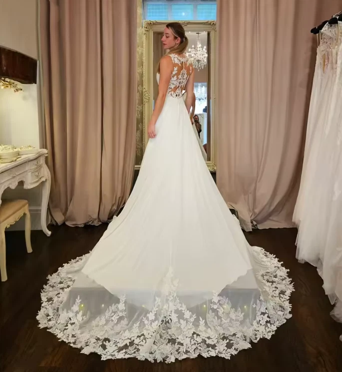 Boho Wedding Dress O Neck Satin Lace Beach Bridal Dresses Sleeveless Backless - Image 2 of 4