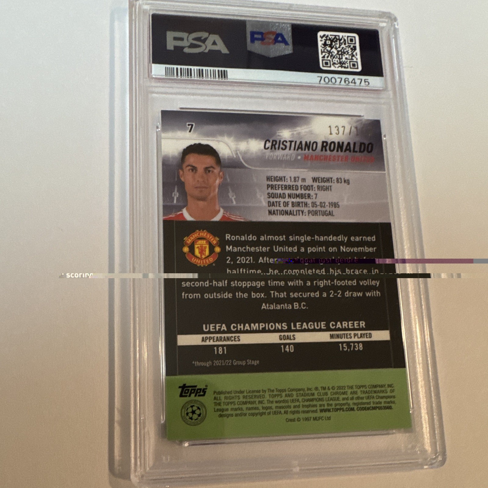 Topps 2021-22 Stadium Club Chrome UCL Cristiano Ronaldo #7 Green /150 PSA 9 view 3