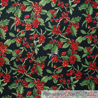 BonEful Fabric FQ Cotton Quilt Black Red Green Tree Holly Berry Gold Metallic US