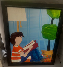 Original Robin Anne Cooper Art Collage and Painted Canvas Child Reading Book