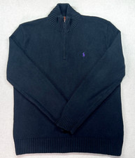 VTG Polo Ralph Lauren Sweater Men's M Black 100 Cotton Knit 1/4 Zip Purple Pony