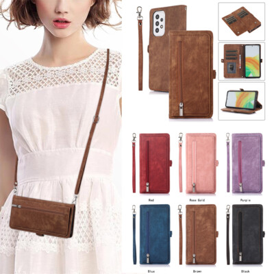 For Samsung A56 A36 A13 A53 A51 Leather Zipper Card Wallet Crossbody Phone Case