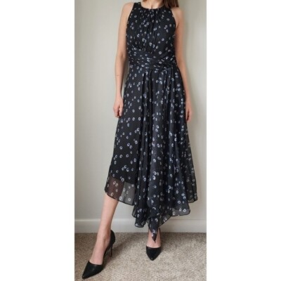 Ranna Gill Bordona Black Pleated Floral Midi Dress 4 Black Blue Anthro