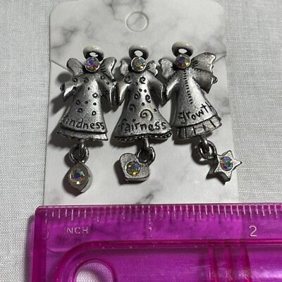 Vintage Silver Tone Angels Rhinestone Christmas Holiday Brooch Pin