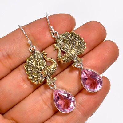 925 Silver Morganite Gemstone Jewelry Handmade Earrings 2.2'' For Birthday Gifts