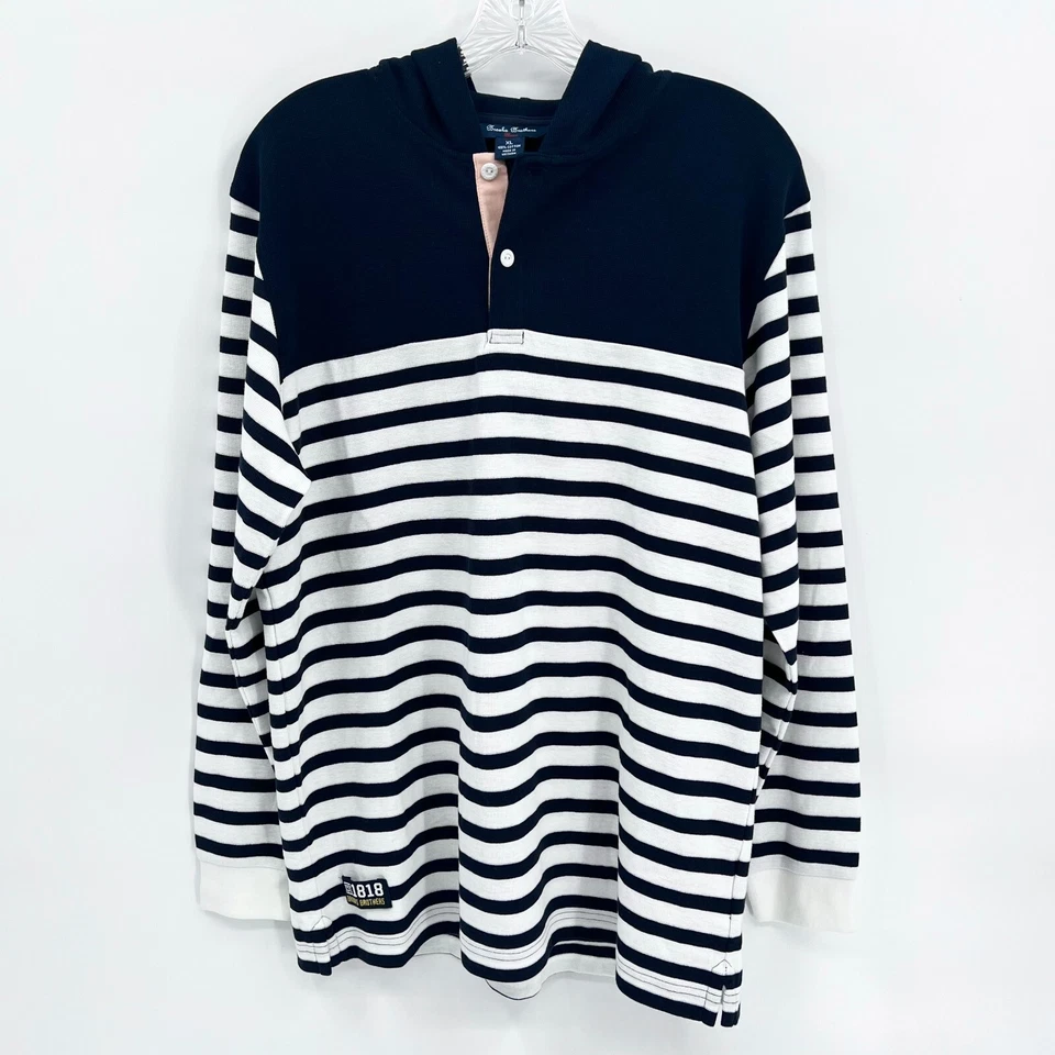 BROOKS BROTHERS FLEECE Boy's Sz XL Navy/White Striped 1/4-Button Pullover Hoodie - Image 2 of 4