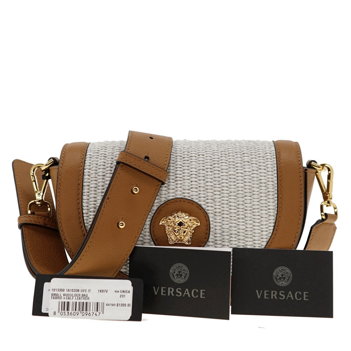 Versace Medusa Saddle Shoulder Bag Brown Leather Raffia New Versace Medusa Saddle Shoulder Bag Brown Leather Raffia New