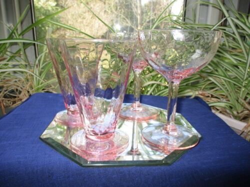 TIFFIN ELEGANT DEPRESSION PINK DECO PARFAIT & COUPE WINE GLASSES DIAMOND OPTIC - Picture 1 of 5