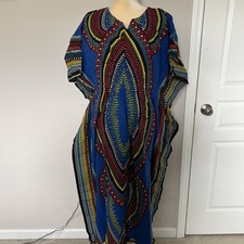 Dashiki African Print Dress Blue Women  s Maxi Kaftan Cinched Waist Free Size