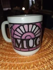 vintage Fire King milk glass mug Purple stained-glass-style design MCM HTF