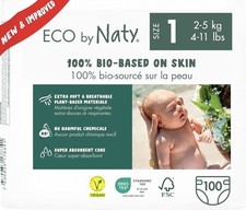Eco by Naty Baby Nappies Size 1 (2-5 kg) 100 Pack | Bio-Based Vegan Eco Diapers 0.16 per nappy
