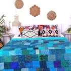 Indian Silk Patola Patchwork Handmade kantha Quilt Throw Turquoise Bedspread