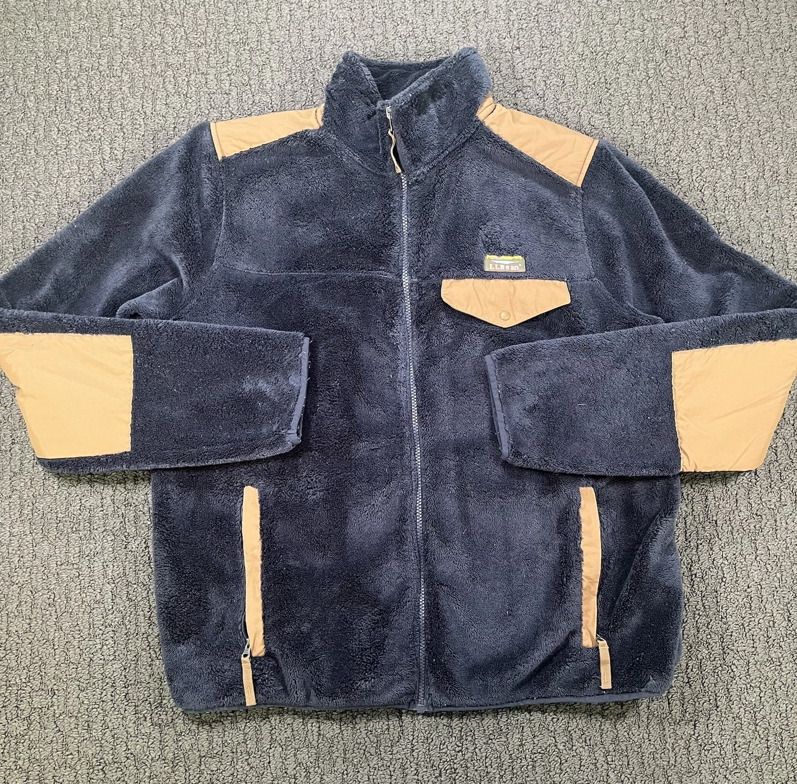 L.L. Bean Large Regular Fit Deep Pile Navy Brown Elbow Patches Pockets Full Zip