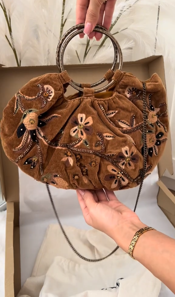 Zara Corduroy Velvet Effect Embroidered Bucket Bag Mustard Brown