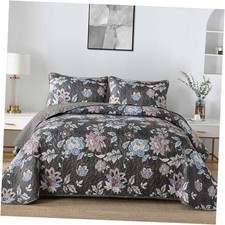 Floral Quilt Set Size, Dark Gray Botanical Bedspread Bedding Queen Dark Grey