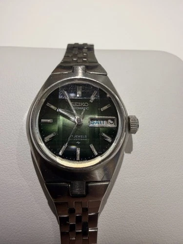 Seiko Automatic Watch Women 24mm Green Dial Silver Tone Daydate 2206-0300 Runs