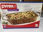 VINTAGE PYREX 233  CLEAR BAKING DISH 9”x 13” WITH WICKER BASKET HOLDER