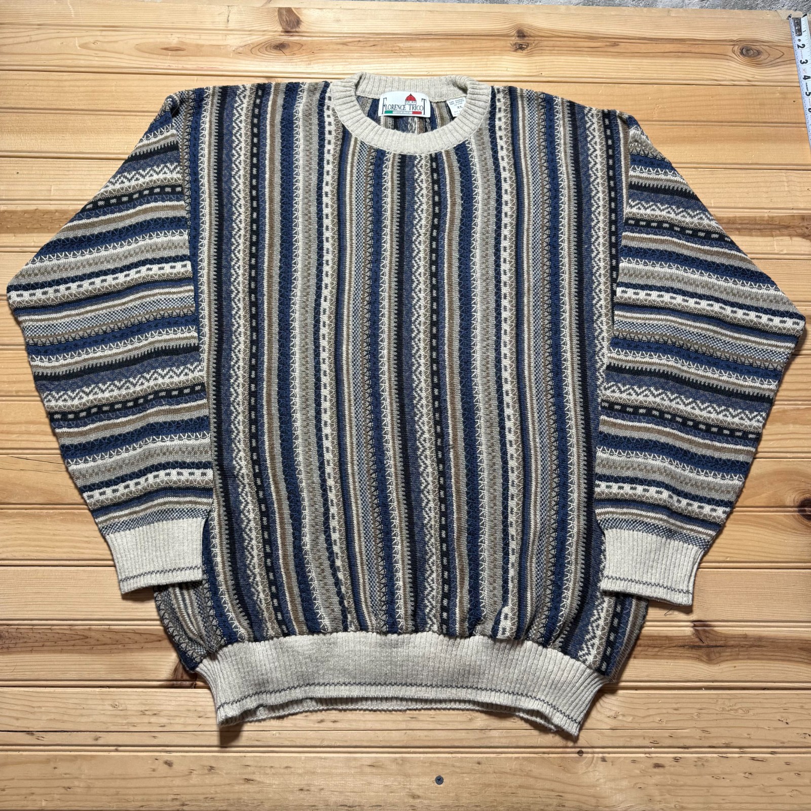 Vintage 90s Coogi Style Geometric Striped Knit Crewneck Pullover Sweater - XL