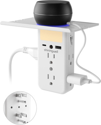 Wall Outlet Extender with Shelf and Night Light, Wall Mount Multi Plug Expander