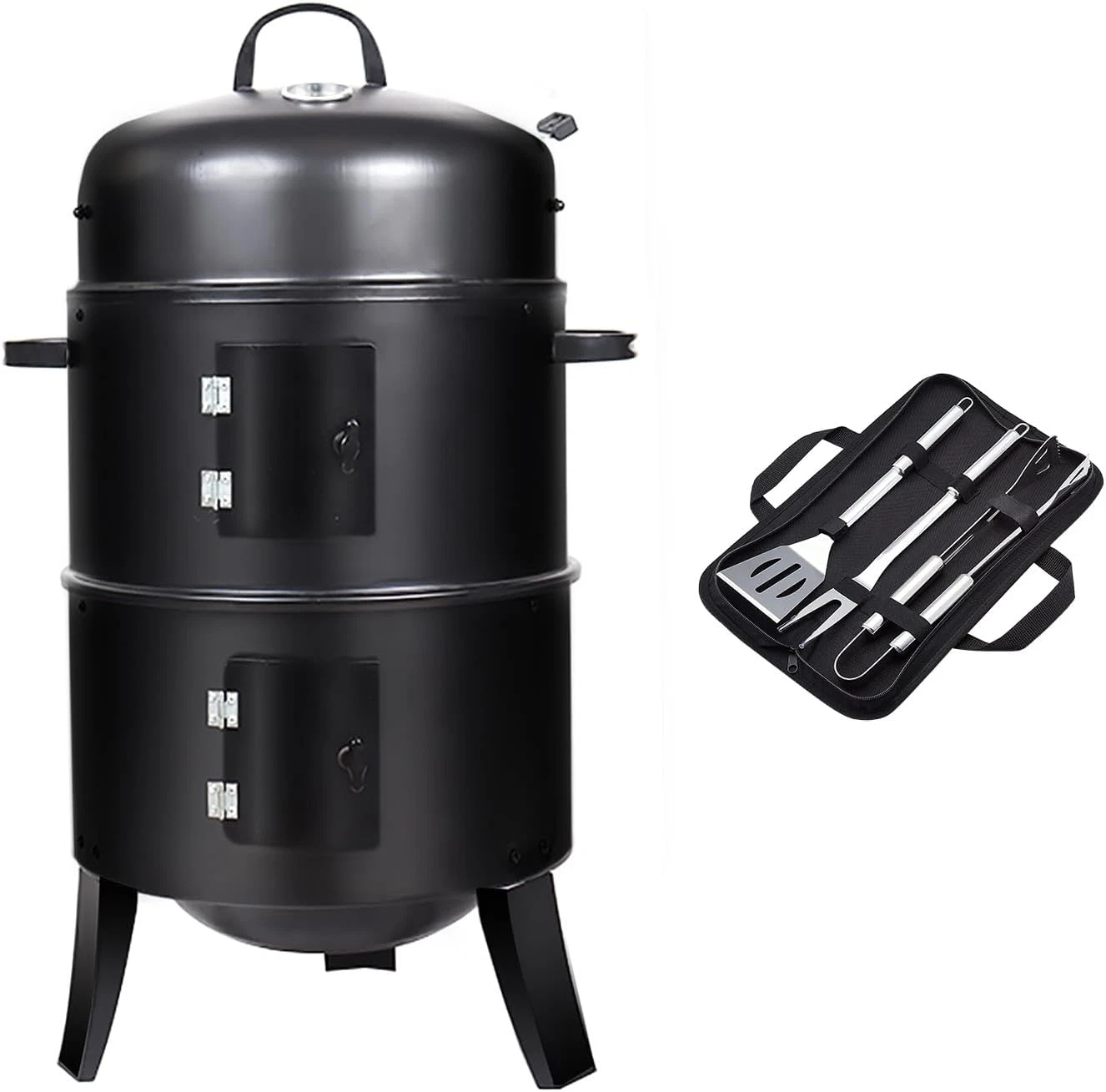 16" 3-in-1 Charcoal Smoker & Mini BBQ Grill with Built-in Thermometer