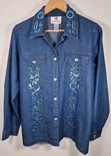 The Quacker Factory Womens Sequin Embellished Fish Jacket Blue Denim L