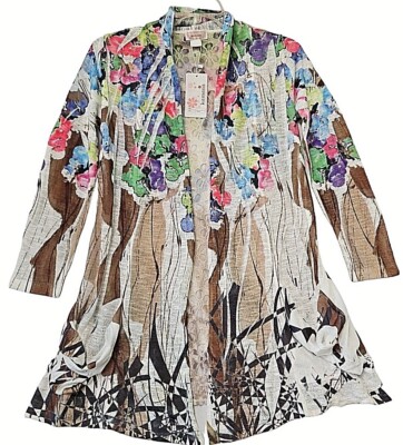 Kamana Cardigan Womens Large White Blue Multi 3/4 Sleeve Sheer Pockets Daisy New