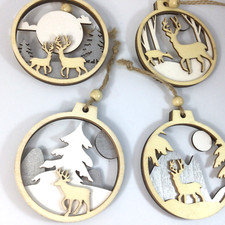 Christmas Hanging Cutout Wooden Round Ornaments Winter Scene Deer Set of 4 No 3