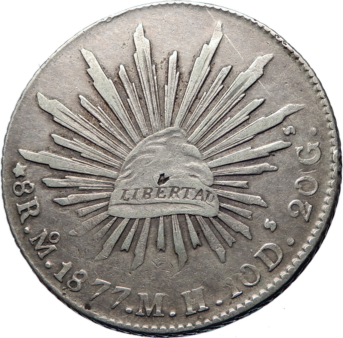 1877 Mo MH MEXICO Large Eagle Sun Antique Mexican Silver 8 Reales