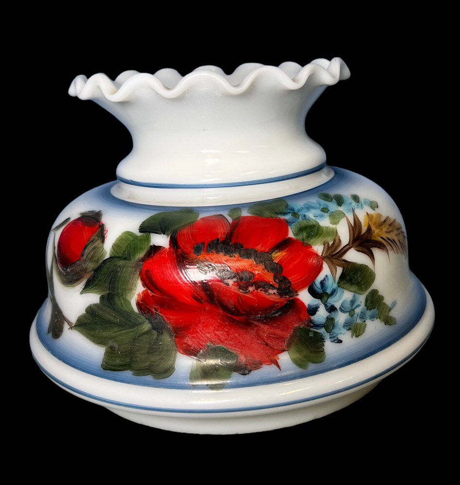 Fenton Hurricane Parlor Lamp Shade Hand Painted Red Blue Flowers