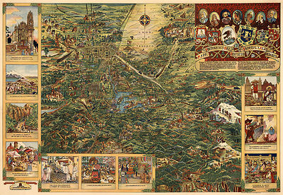 Early Pictorial Map Bird's eye view Valley of Mexico City Vintage History Poster