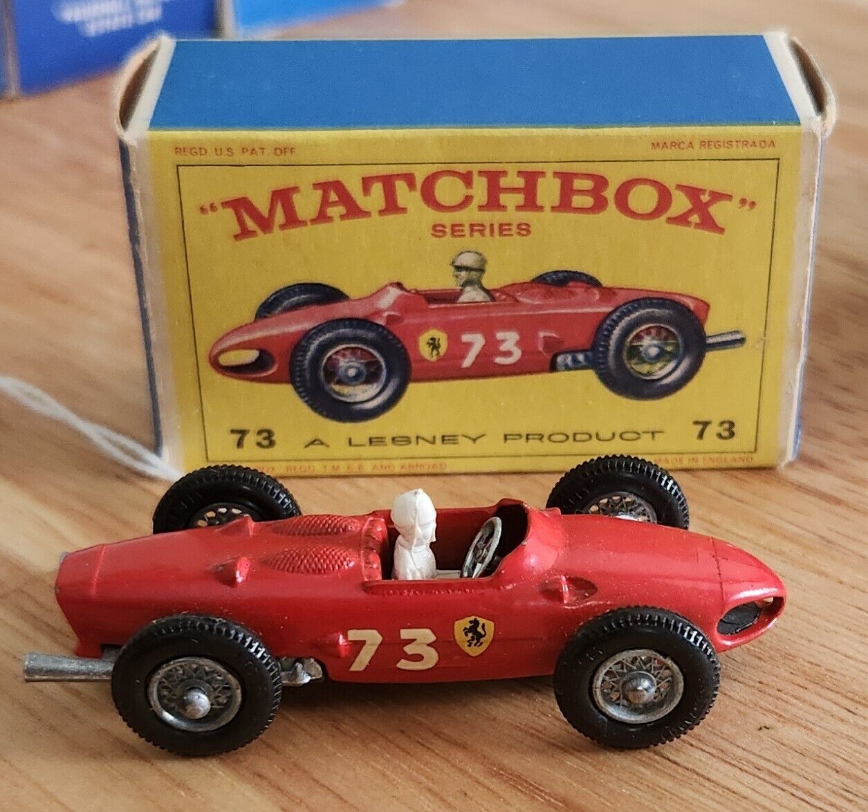 Vintage matchbox #73 Ferrari racing car with original box.