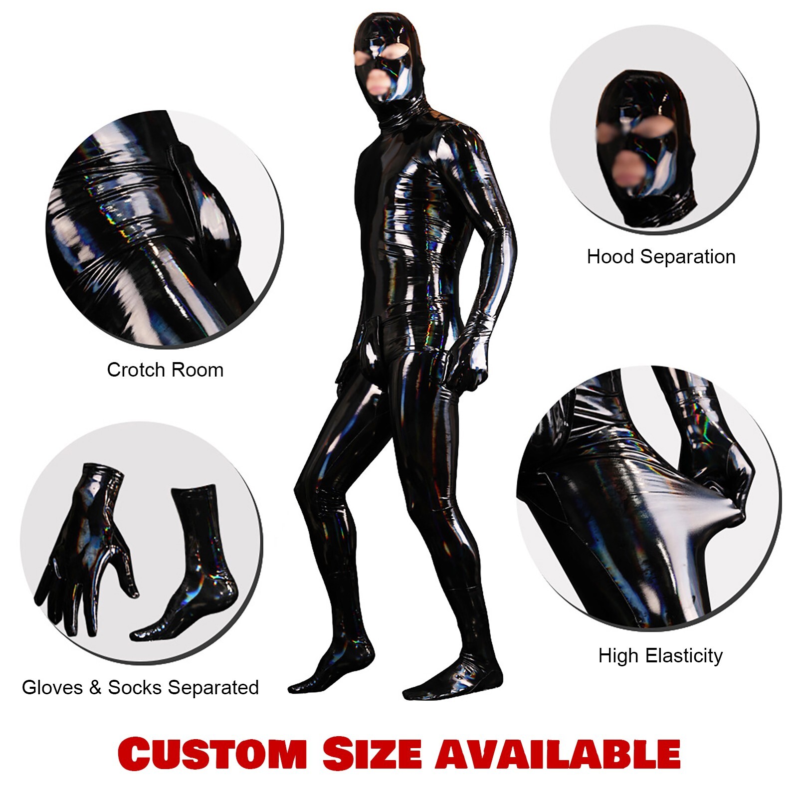 Para hombre Látex Amine Wetlook Body Traje Mono Prendas para club nocturno Guante Calcetín Capucha