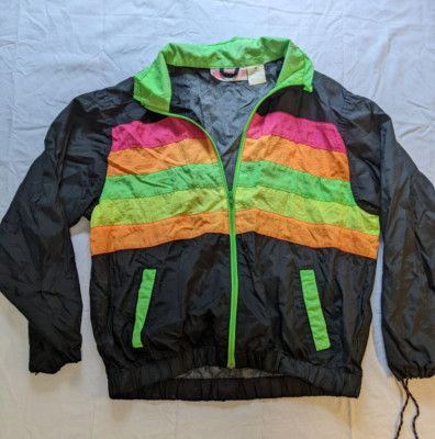 Outerstuff II 2 VTG 90's Windbreaker Black Pink Green Orange NEON RAINBOW sz M