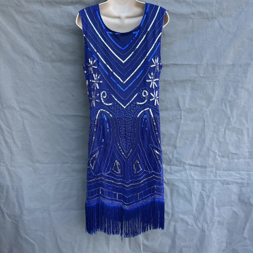 Costume Blue Sequin Beaded Halloween Flapper Dress Fringe Sleeveless - Image 2 of 4