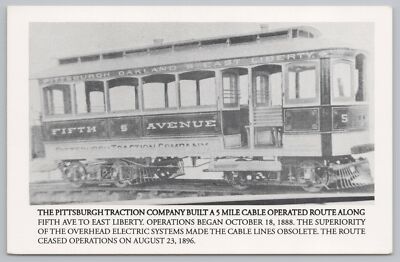 Pittsburgh PA Traction Co~Fifth Ave Cable Car Lines~1888-1896~Vintage Postcard