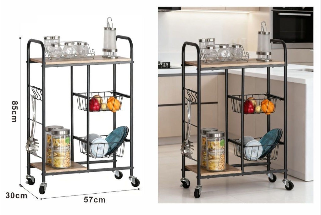 Carro Cocina Ahorro de Espacio con Ruedas 3 Estantes Y Cestas Metal 57x30x85cm