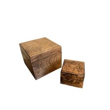 Hand Carved Wooden Trinket Jewelry Boxes Set of 2 Floral Brown Boho Decor