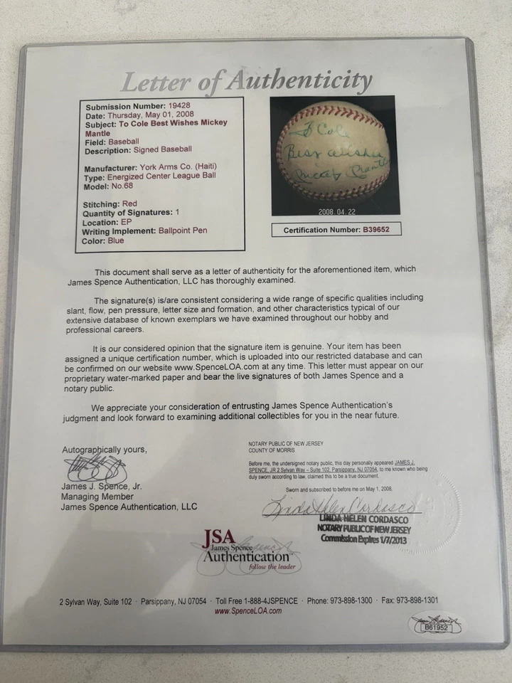 Mickey Mantle Signed Baseball "Best Wishes" JSA LOA *See Description* - Image 2 of 2