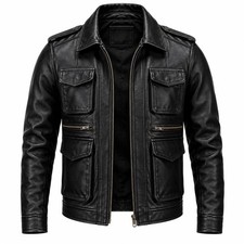 Men's Black Genuine Leather Field Jacket Multi Pocket Motorcycle Biker Coat.
