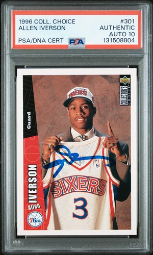 Graded 1996 Collector's Choice Allen Iverson #301 Rookie Card PSA 10 Auto Grade