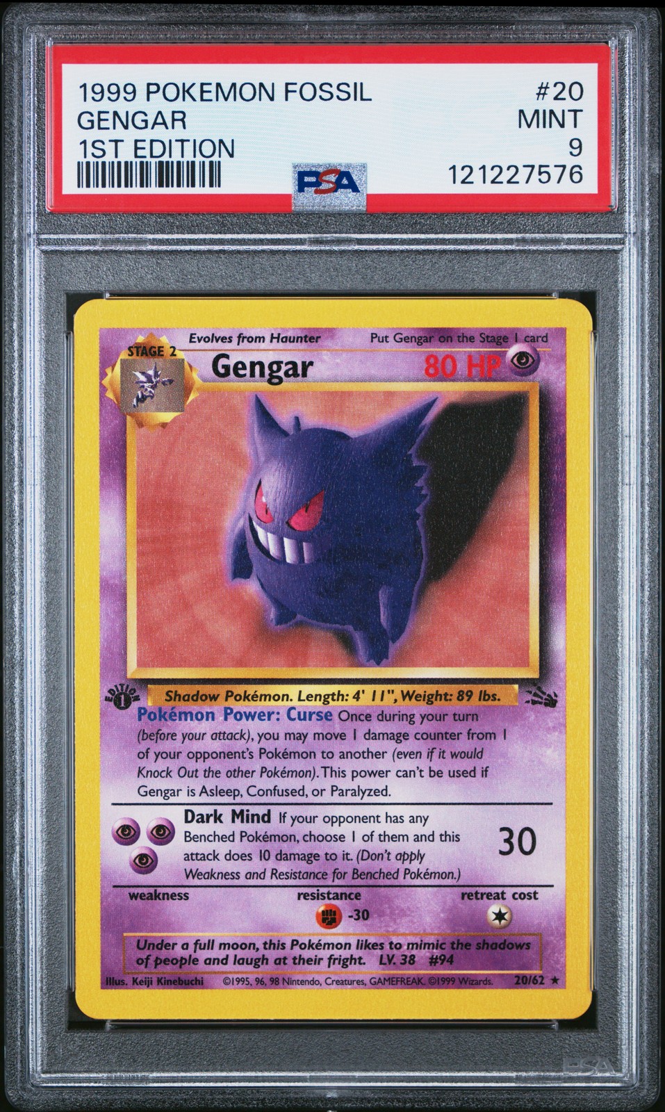 1999 POKEMON FOSSIL 1ST ED #20 GENGAR PSA 9