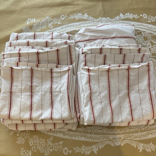 VTG Woolrich Red Ticking Stripe Twin 6pc 2 SETS 2 Flat,2 Fitted, 2Cases ###FLAW#