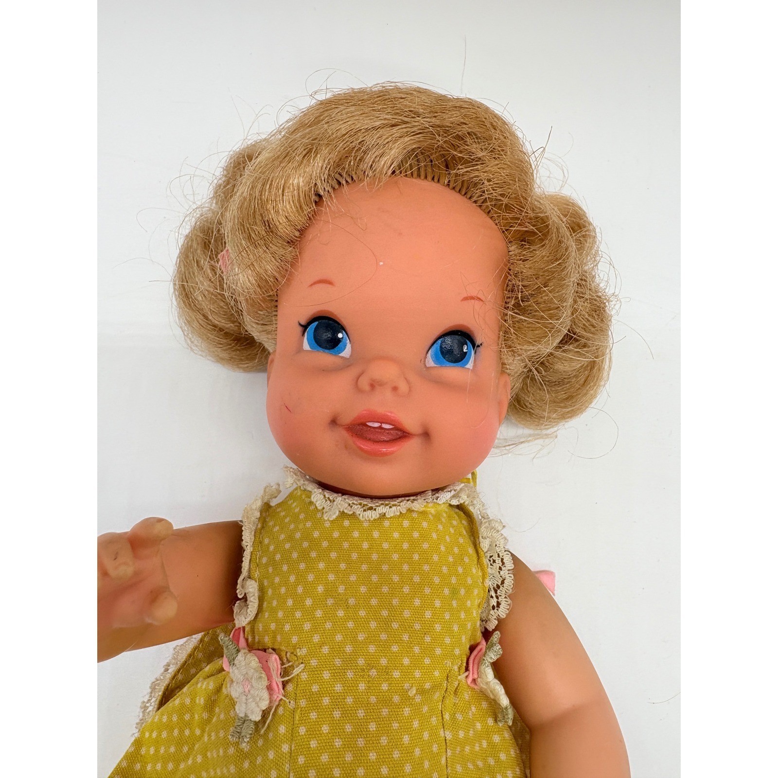 Vintage Baby Go Bye Bye Doll Yellow Dot Dress Blue Eyes Blonde Hair 1967