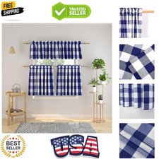 3 Pc Cotton Classic Country Farmhouse Kitchen Window Curtain -Navy Blue Whi...
