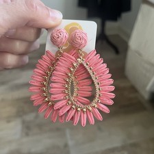 Pink Raffia Teardrop Statement Earrings Gold Beaded Woven Drop Boho Chic Summer