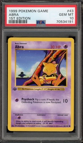 Pokemon Abra Base Set Shadowless 1st Edition #43 PSA 10 Gem Mint