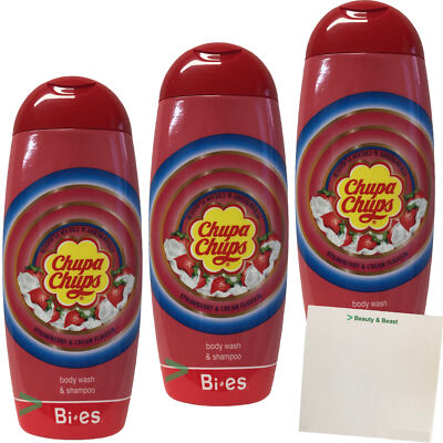 3x Chupa Chups 2in1 Duschgel und Shampoo Erbeer & Cream 3x250ml + usy Block