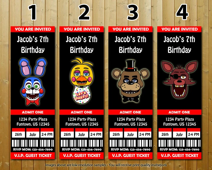 Five Nights at Freddy's Custom Printed Ticket Birthday Invitations 20  wEnvelopes