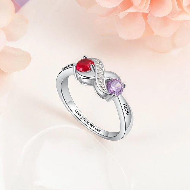 Anillo Personalizado Doble Piedra Natal Nombre Grabado Infinito Compromiso Aniversario Regalo Foto 2 de 4